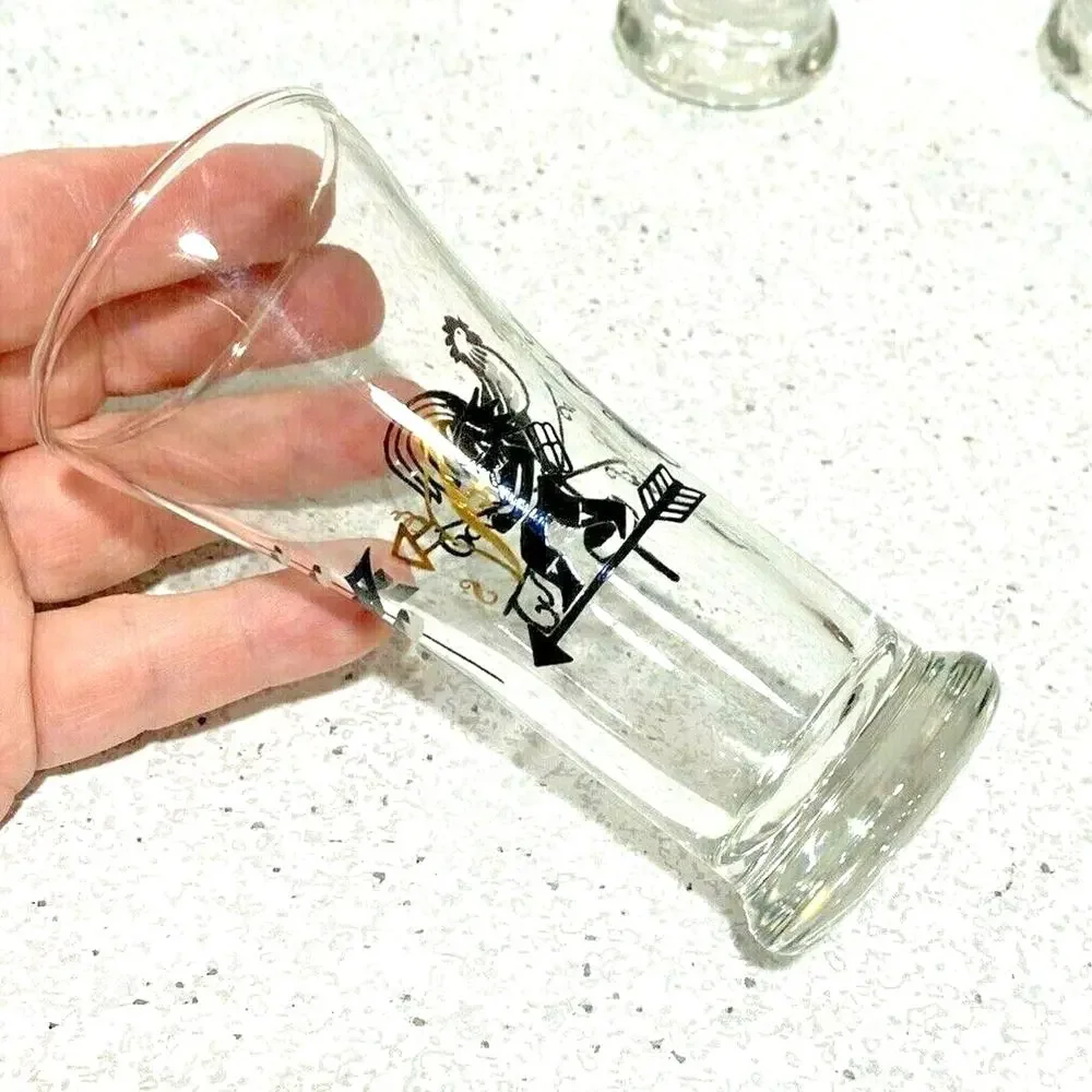 Vintage Juice Glasses Set (5) Retro Clear Glass & Black Gold Roosters Carriages